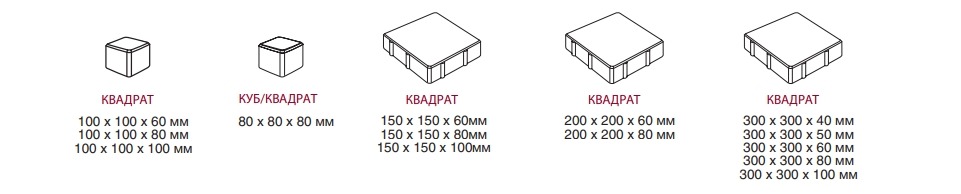 Форматы тротуарной плитки Квадрат и Куб: размеры 100х100, 80х80, 150х150, 200х200, 300х300 мм